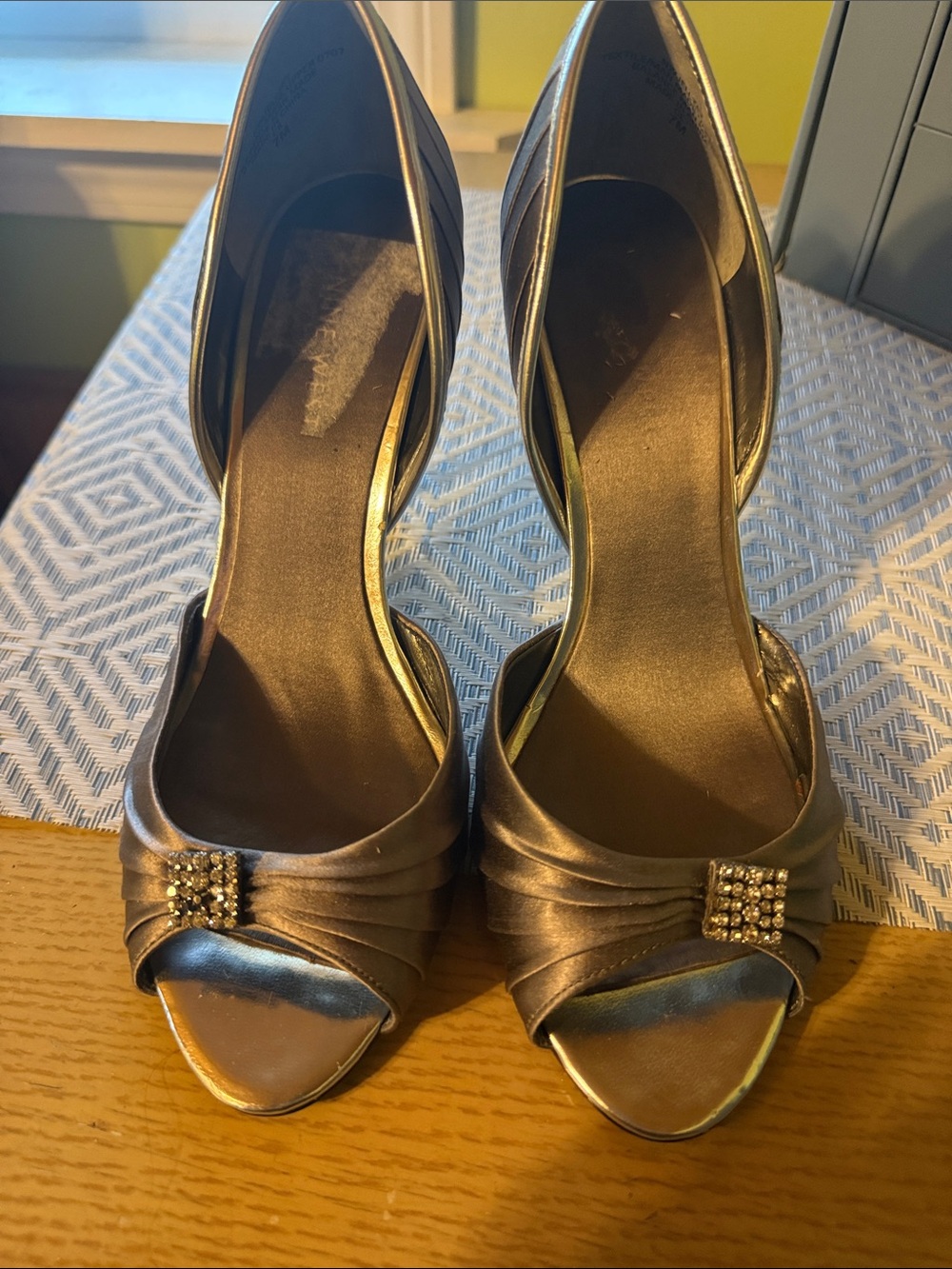 Nine West Gunmetal Open-Toe High Heel Pumps with Rhinestone Accent